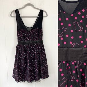 Hot Topic Kitty Cat Polka Dot Dress Black Pink Sz Large Tulle Lined